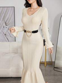 Modelyn Women Casual Minimalistic V-Neck Bell Sleeve Fish Tail Hem Ribbed Knit Sweater Dress