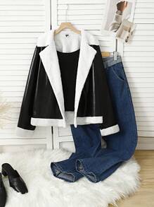 SHEIN Frenchy 大码 Barnfit、休闲毛绒、保暖、日常 PU 皮革面板毛绒饰边前翻领开襟夹克、秋冬、谷仓 - 黑與白 - 查看 3
