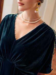 ZEYLAH VELVET V-NECK BATWING SLEEVE FAUX PEARL TRIM LONG DRESS - Dark Green - View 3
