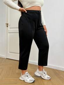 SHEIN EZwear 大码女式黑色纯色直筒休闲保暖内衬裤，秋冬款 - 黑與白 - 查看 4