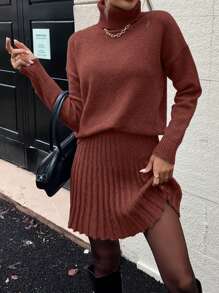 Conjunto informal de 2 piezas de top de cuello alto de manga larga y falda de unicolor para mujer - Marrón - Ver 3