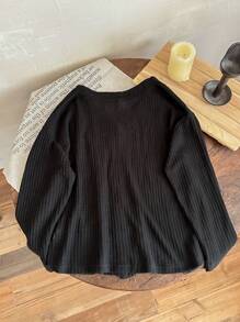 SHEIN Áo len cardigan dài tay màu trơn giản dị thường ngày cho bé gái tuổi mới lớn - màu đen - Xem 2