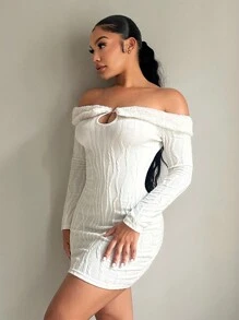 SHEIN SXY Fuzzy Collar Off-Shoulder Marl Fabric Long Sleeve Dress, Apricot, Autumn/Winter