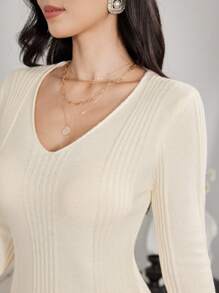 Modelyn Women Casual Minimalistic V-Neck Bell Sleeve Fish Tail Hem Ribbed Knit Sweater Dress