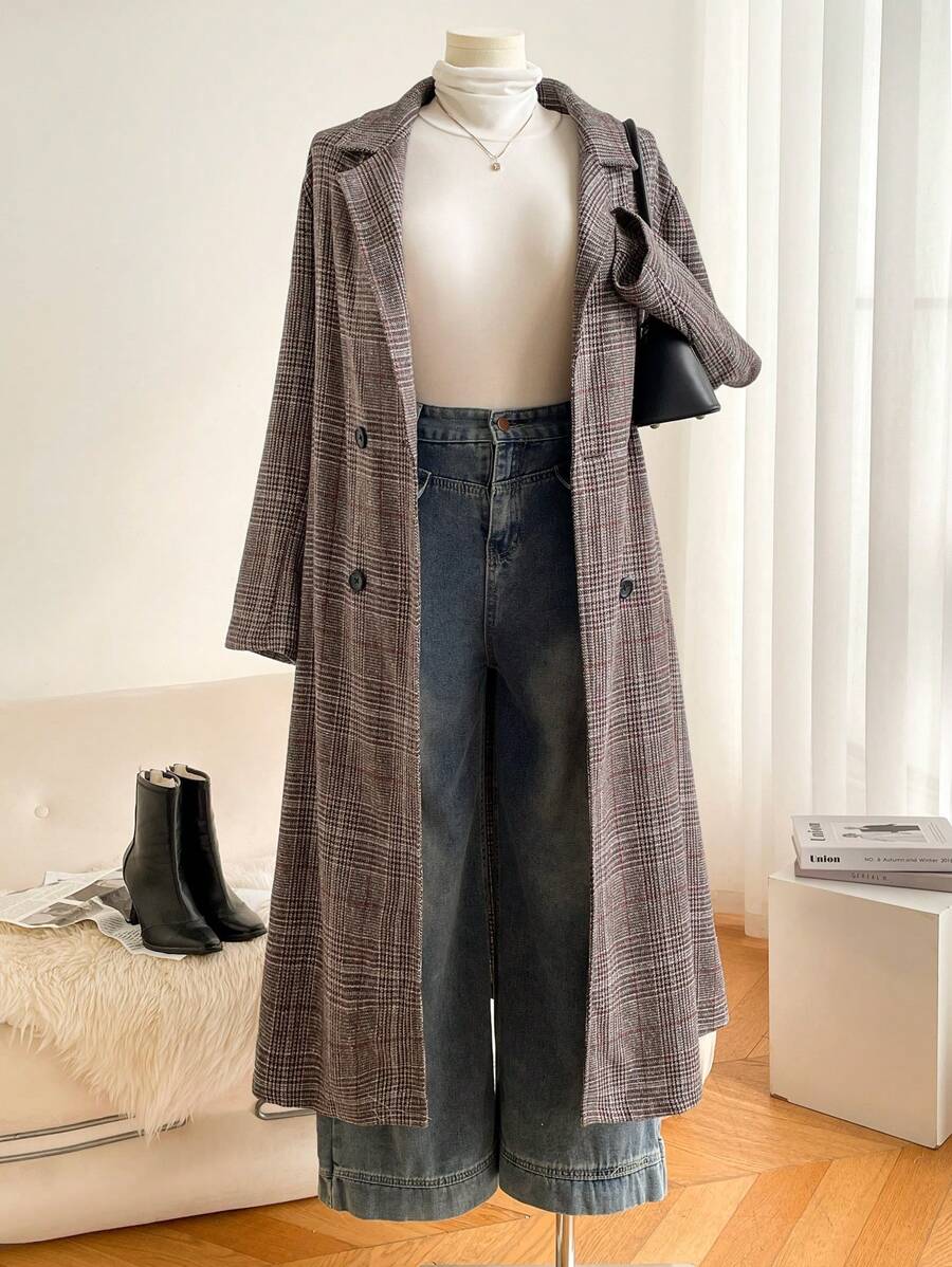 SHEIN Frenchy 大码秋季长款外套，格子外套，外出装，机场装，大翻领外套，前扣长袖平领长款休闲外套，适合冬季 - 彩色 - 查看 1