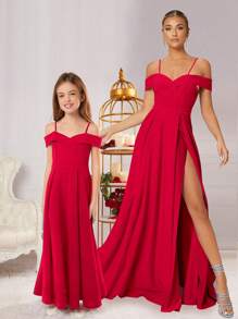SHEIN Leap Crew Váy dự tiệc không tay dây mảnh quyến rũ thanh lịch cho bé gái tuổi mới lớn, dành cho Giáng sinh - Đỏ - Xem 4