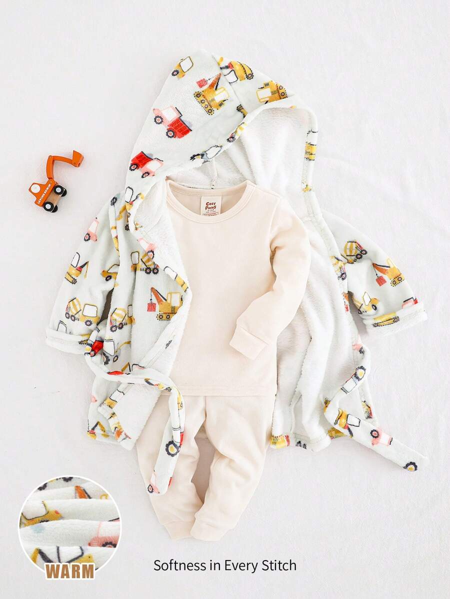Cozy Pixies Bata con capucha de forro polar de doble cara con estampado de coches de dibujos animados para bebé niño