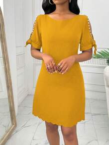 Lyxana 女士圆领短袖直筒串珠连衣裙 - 黃色 - 查看 7