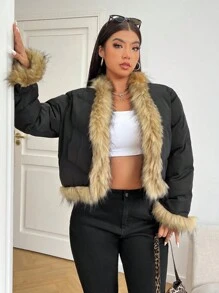 SHEIN EZwear 大码女式保暖内衬夹克，带毛领，适合秋冬季节保暖 - 黑色 - 查看 5