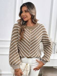 Chiquease Áo len chui đầu rộng tay raglan họa tiết sọc thường ngày cho nữ - Nhiều màu - Xem 7