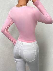 INAWLY 春季大码女式撞色蕾丝蝴蝶结装饰长袖修身T恤 - 粉色 - 查看 2