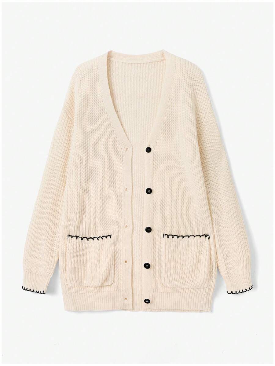SHEIN Unity 女士休闲撞色边饰双口袋开衫,秋冬 - 黑與白 - 查看 1