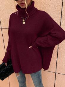 EMERY ROSE Women Casual High Collar Solid Color Drop Shoulder Loose Sweater For Autumn/Winter For New Year Clothes - Red - View 4