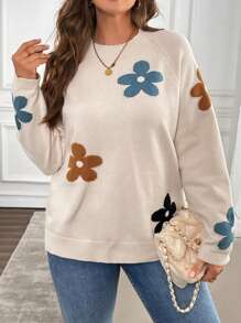 EMERY ROSE Plus Size Floral Jacquard Raglan Sleeve Sweater For Autumn And Winter
