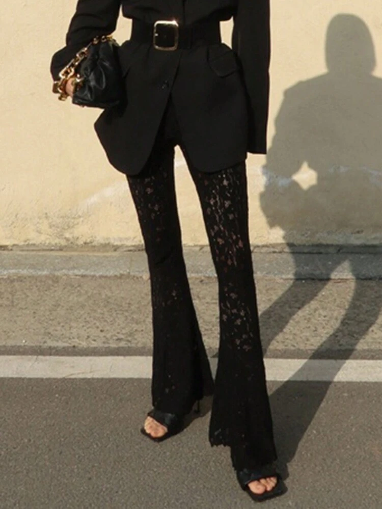 Women's Lace Trim Fitted Flare Leg Pants, Sexy Design, Black, All Season Fall