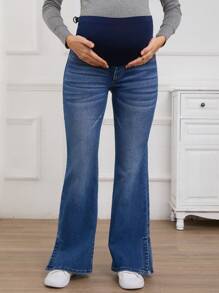 SHEIN Maternity Casual Everyday Washed Flared Leg Jeans, Spring Autumn - Dark Wash - View 6