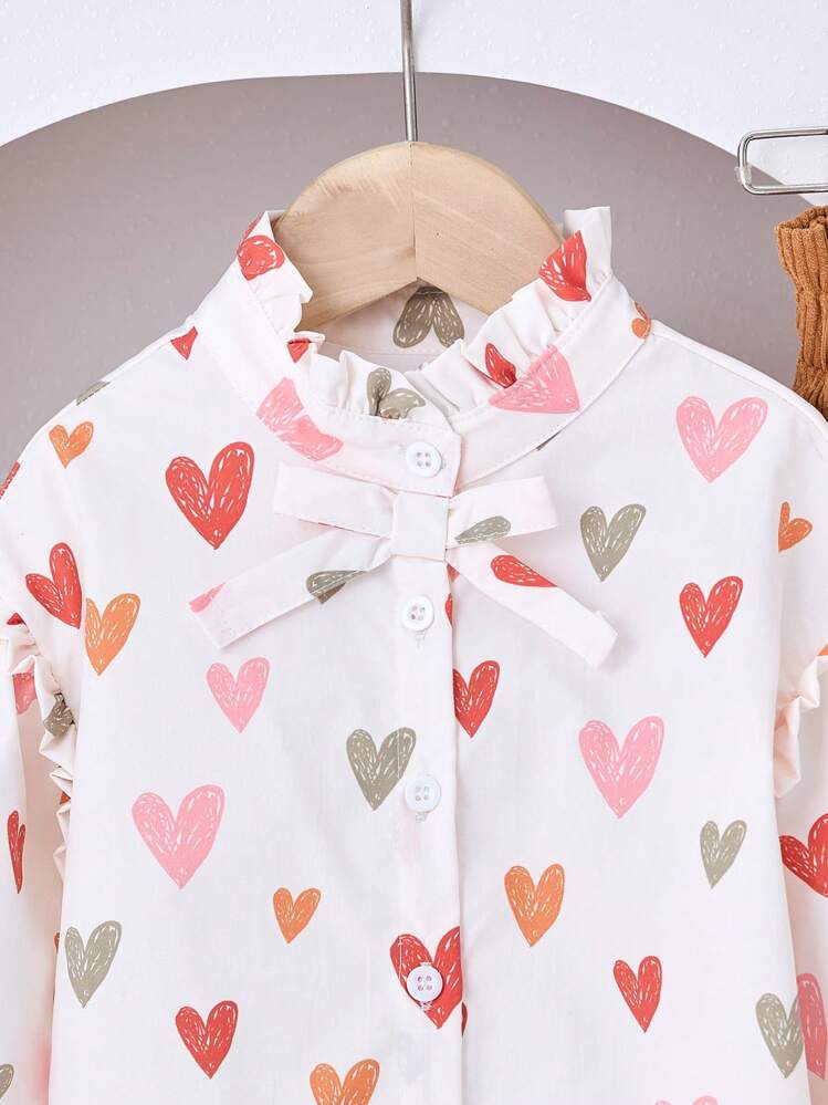 SHEIN 2 件套少女心形印花上衣和灯芯绒裤子套装，秋冬季基本休闲装 - 黑色 - 查看 3