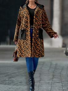 SHEIN LUNE Plus Size Leopard Print Hooded With Pockets Casual Long Sleeve Coat
