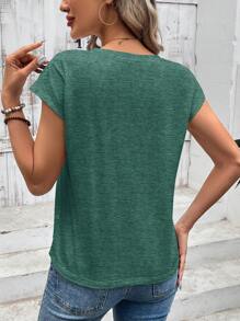 SHEIN LUNE Casual Heart Pattern V-Neck Fitted Women T-Shirt, Suitable For Summer Suitable For Going Out,Casual - Dark Green - View 2