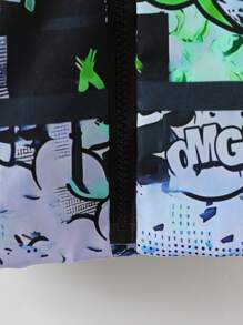 1 件年轻男孩休闲酷蓝绿动漫/漫画全图案数码印花保暖内衬连帽保暖夹克，适合日常和街头风格，秋冬季