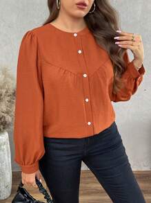 SHEIN LUNE 大码纯色前扣长袖简约衬衫，休闲日常穿着 - 紅木色 - 查看 4