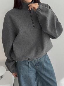 Dazy-Less 女士时尚设计师拉链装饰纯色半拉链抓绒卫衣，秋季女装，保暖内衬 - 灰色 - 查看 6
