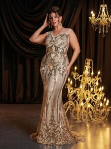 SHEIN Belle Plus Size Lace See-Through Luxury Beaded Fabric Elegant Fishtail Formal Dress For Party, Prom Evening Gown, For Wedding Guest, Graduation, Dinner - Champagne - View 3