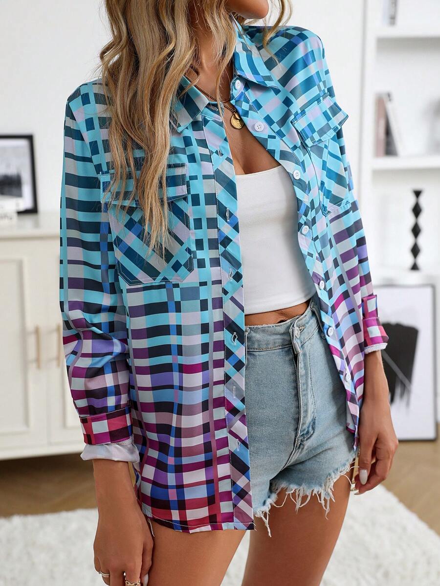 INAWLY Camisa A Cuadros Con Botones Degradados Y Bolsillos - Multicolor - Ver 1