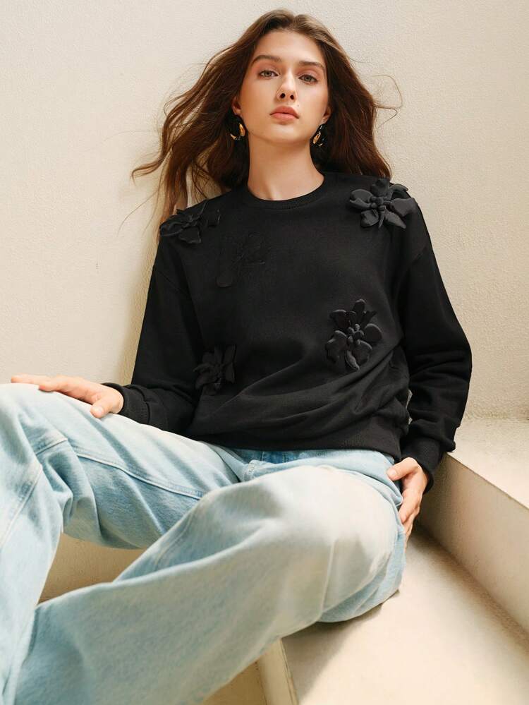 Casual Solid Color 3D Floral Decor Sweatshirt, Autumn/Winter Pullover Fall