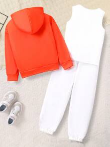 2pcs/Set Tween Girls Orange Sweatshirt+Abstract Figure Print Vest+Flame Print Pants, Street Style, Autumn/Winter - Orange - View 2