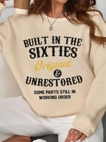 SHEIN LUNE Sudadera con capucha de manga larga de cuello redondo con estampado de lema minimalista casual, talla grande, otoño/invierno