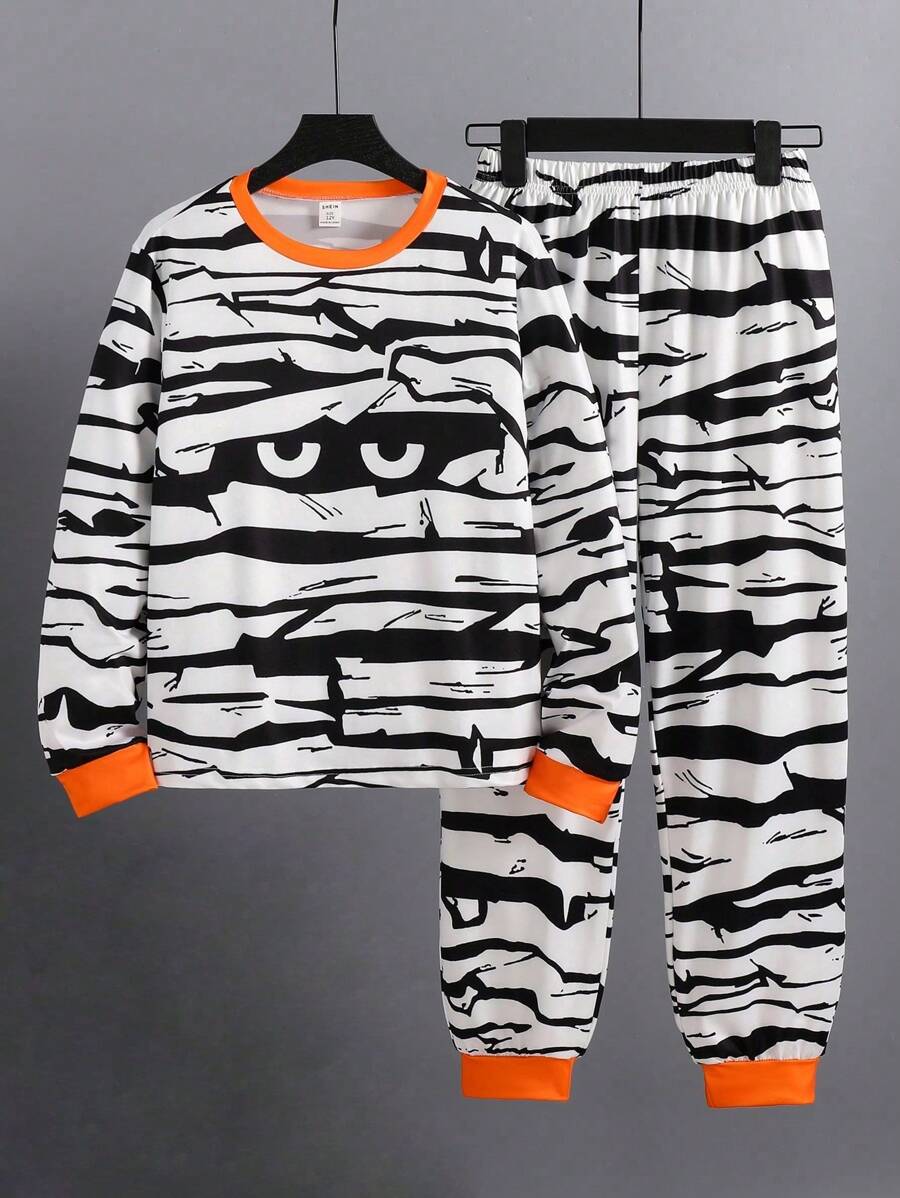 2pcs/Set Tween Boy Halloween Funny Expression Casual Set, For Halloween Party - Black and White - View 1