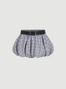 SHEIN MOD Women Plaid Print Pleated Belted Skirt,Homecoming Skirt Short,Blue Mini Skirt,Blue Shorts - Baby Blue - View 1