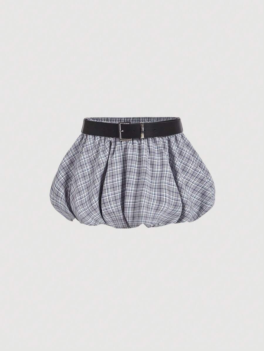 SHEIN MOD Women Plaid Print Pleated Belted Skirt,Homecoming Skirt Short,Blue Mini Skirt,Blue Shorts - Baby Blue - View 1