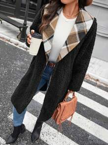SHEIN LUNE Abrigo de peluche con cuello de chal a cuadros en contraste, talla grande, casual, para otoño/invierno/Día de Acción de Gracias, traje de fiesta, térmico