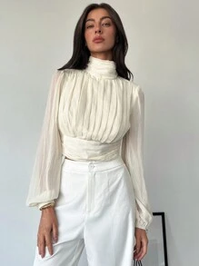 Aloruh 女士杏色立领长款泡泡袖收褶短衬衫，适合秋季约会 - 杏色 - 查看 4