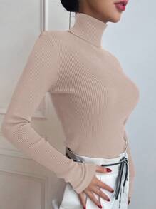 DAZY 女士休闲百搭秋季新款高领修身毛衣，适合冬季、秋季女装 - 卡其色 - 查看 5