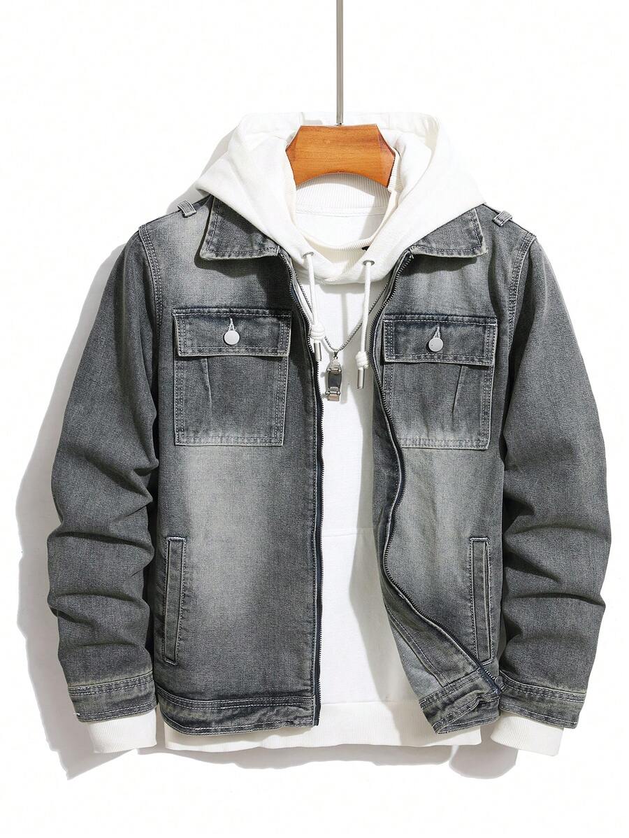 Manfinity Homme Men's Front Zipper Long Sleeve Pocket Casual Denim Jacket, For Daily Wear - Grey - View 1