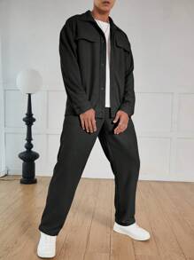 Manfinity Hypemode Men's Waffle Texture Jacquard Shirt & Pants Set, Men's Co-Ord Set, Men Black Outfit, Full Outfit Men, Men Waffle Knit Set, Fall Clothes - Black - View 4