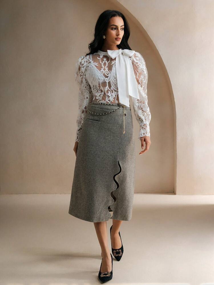 Women's High Waist Wave Side Slit Metal Chain Decor Elegant Skirt