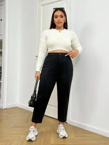 SHEIN EZwear 大码女式黑色纯色直筒休闲保暖内衬裤，秋冬款 - 黑與白 - 查看 3