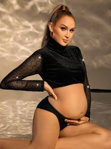 SHEIN 孕妇水钻网眼高领长袖衬衫，时尚拍照上衣