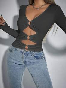 Zolique Women's Solid Color Round Ring Hollow Out Fitted Long Sleeve Top, Autumn