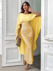 SHEIN Belle 女士亮片披肩优雅正式礼服晚礼服、半正式舞会礼服、生日、婚礼宾客、毕业返校节节日派对服装 - 金色 - 查看 1