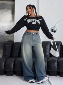 大码女式口袋宽松阔腿休闲百搭牛仔裤 - 淺色水洗藍 - 查看 4