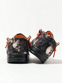 新品万圣节骷髅涂鸦休闲帆布运动鞋，秋冬款 - 黑色 - 查看 3
