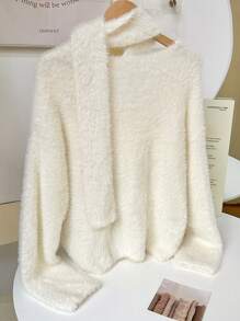 Chiquease 两件套女士毛绒套头毛衣配围巾，针织套头衫秋冬款 - 白色 - 查看 5