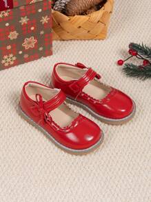 Zapatos de tipo Mary Jane con moño para niñas en Navidad, bailarinas suaves y cómodas para niños