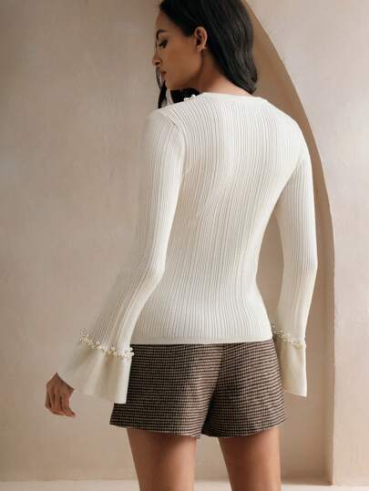 Anewsta Elegant Christmas Pearl Decor Round Neck Slim Fit Ribbed Flare Sleeve Women Undershirts