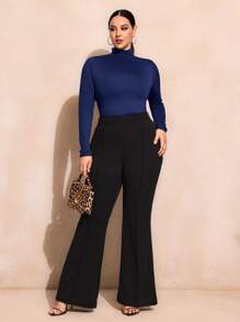 SHEIN SXY Plus Size Solid Color Slim Fit High-Necked Long Sleeve All-Match T-Shirt Basic Tees